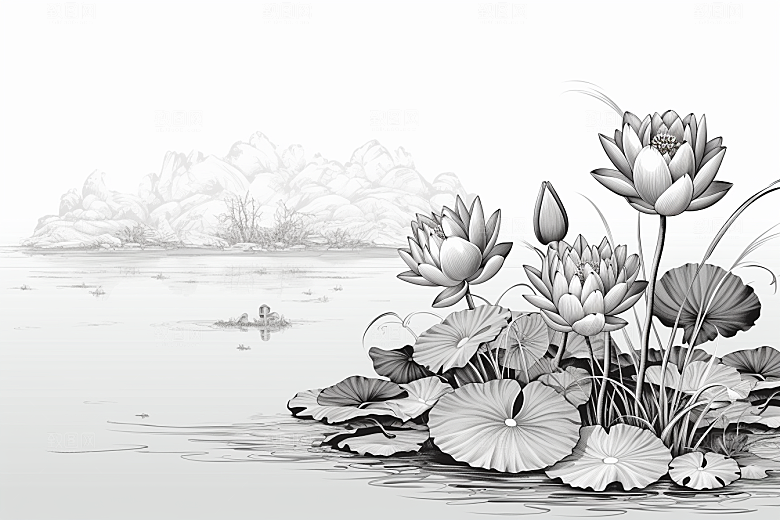 素描荷花池塘莲花手绘插画