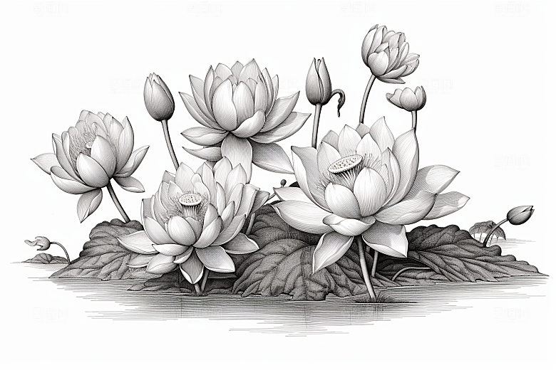素描荷花池塘莲花写实插画