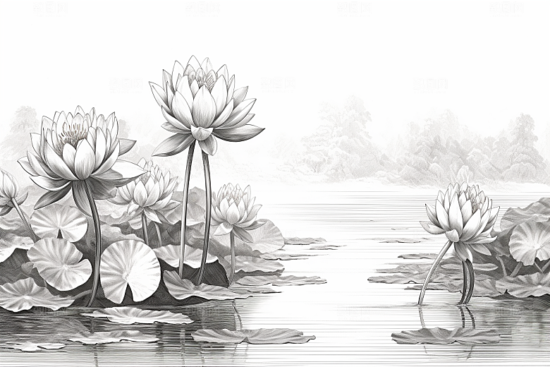 素描荷花池塘荷塘锦鲤戏水插画