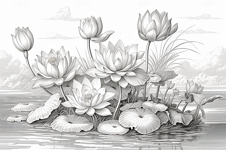 素描荷花池塘荷塘工笔画插画