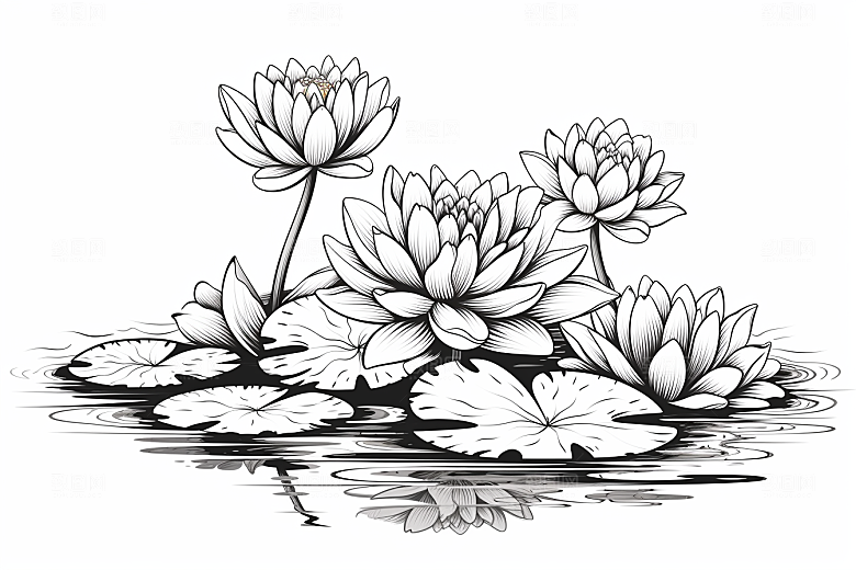素描荷花池塘锦鲤戏水荷塘插画