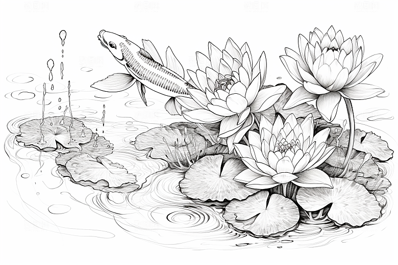 素描荷花池塘手绘艺术插画
