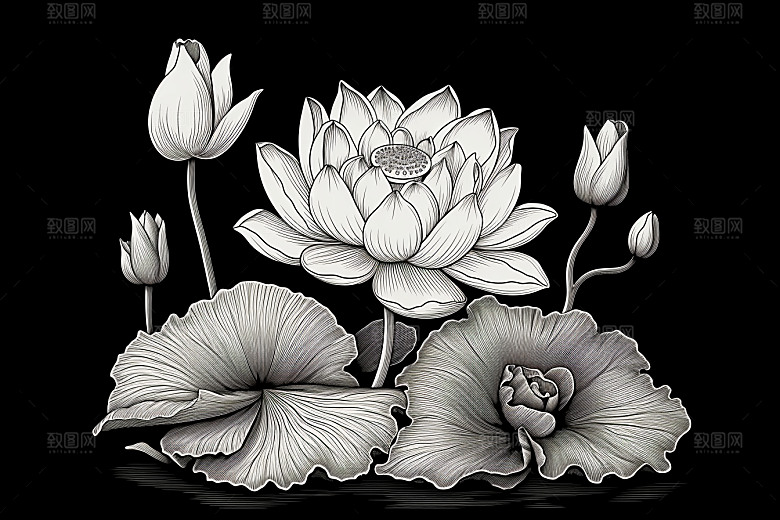 素描荷花池塘莲花锦鲤戏水插画
