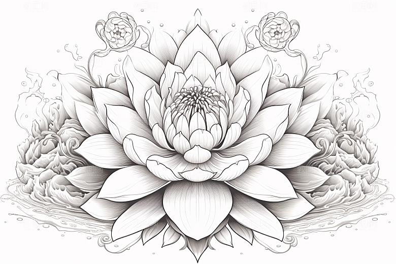 素描荷花池塘莲花艺术插画