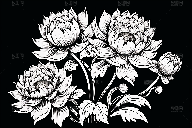 素描荷花池塘手绘锦鲤戏水插画