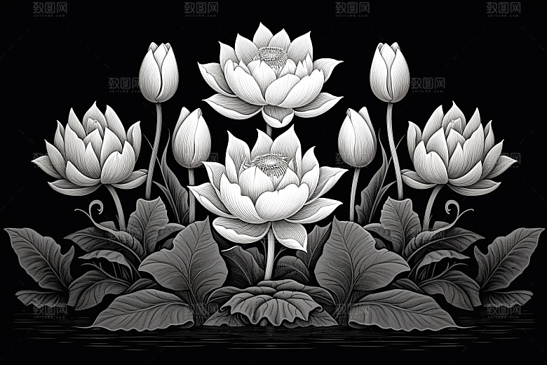 素描荷花池塘荷塘锦鲤戏水插画