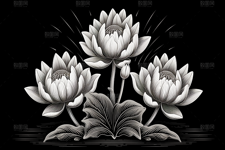 素描荷花池塘工笔画莲花插画