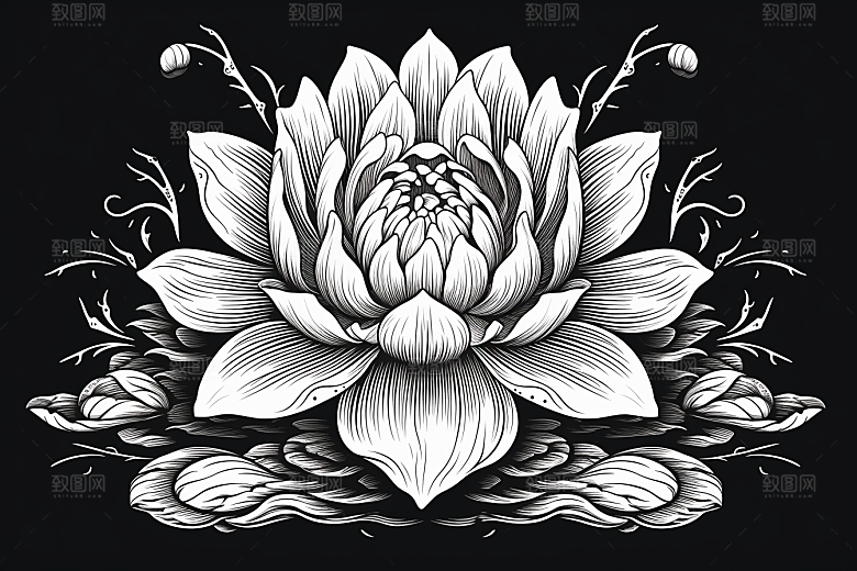 素描荷花池塘手绘写实插画