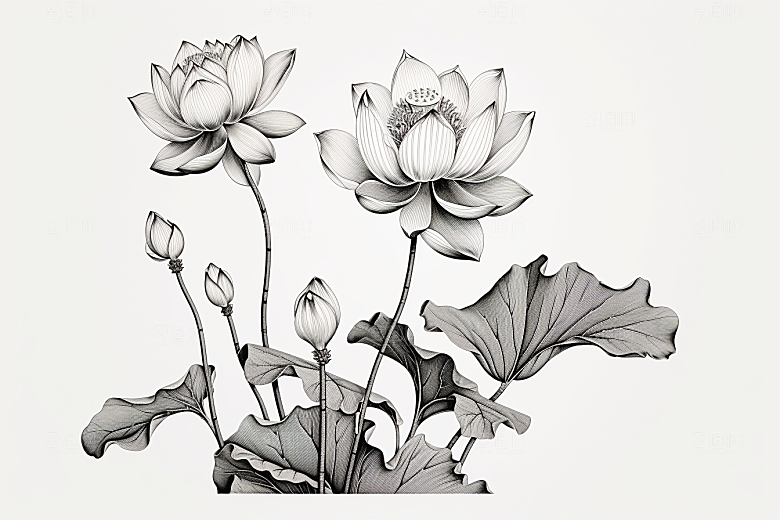 素描荷花池塘手绘艺术插画