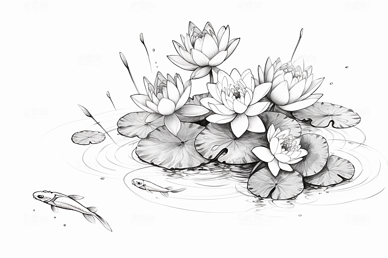 素描荷花池塘写实莲花插画