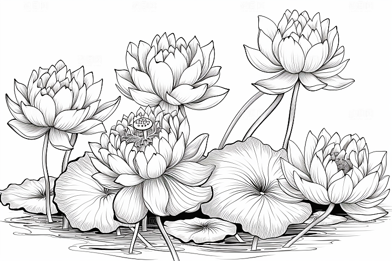 素描荷花池塘锦鲤戏水工笔画插画