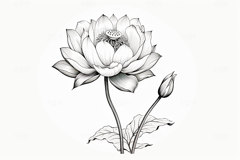 素描荷花池塘写实写生插画