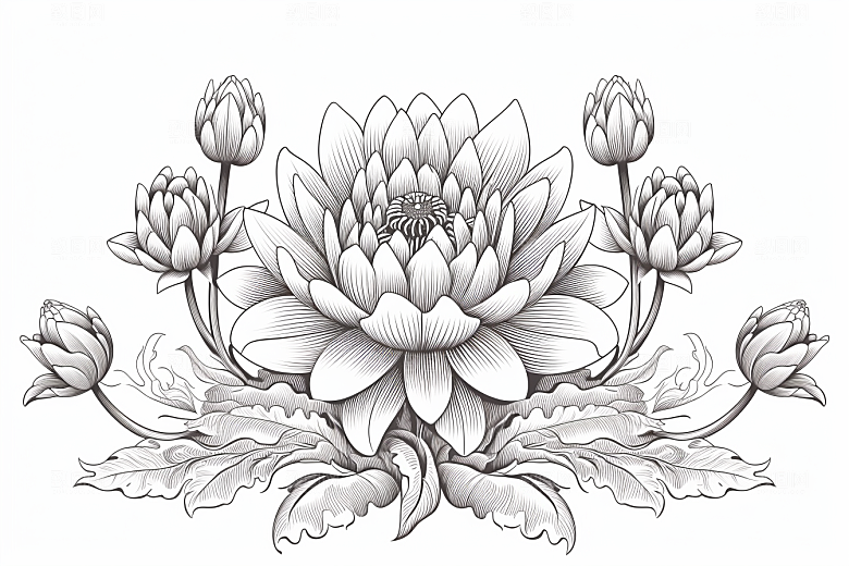 素描荷花池塘工笔画写实插画