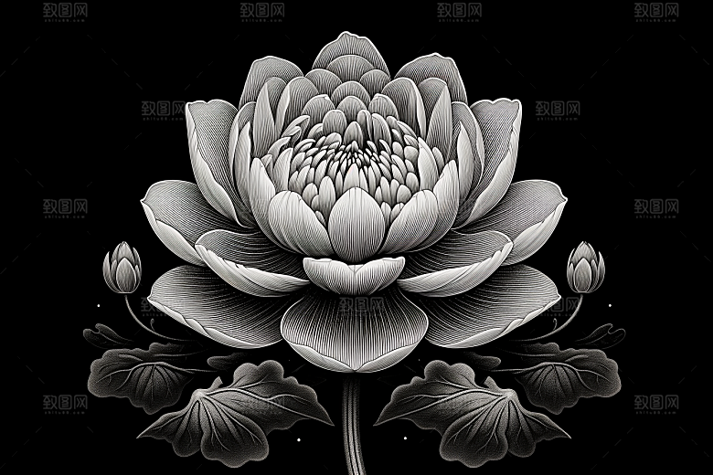 素描荷花池塘莲花荷塘插画