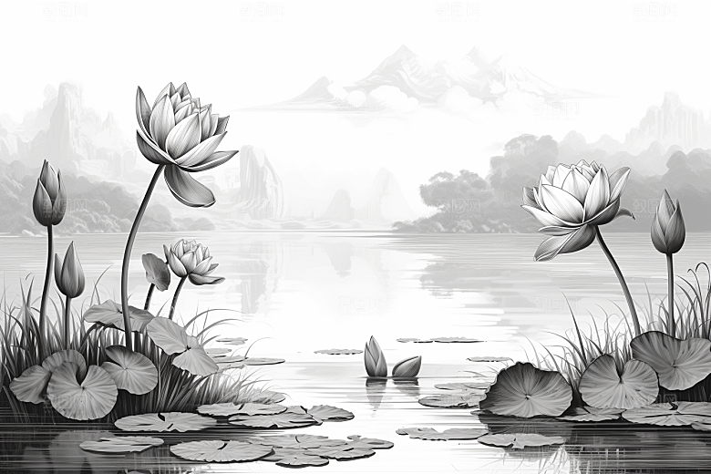 素描荷花池塘艺术工笔画插画