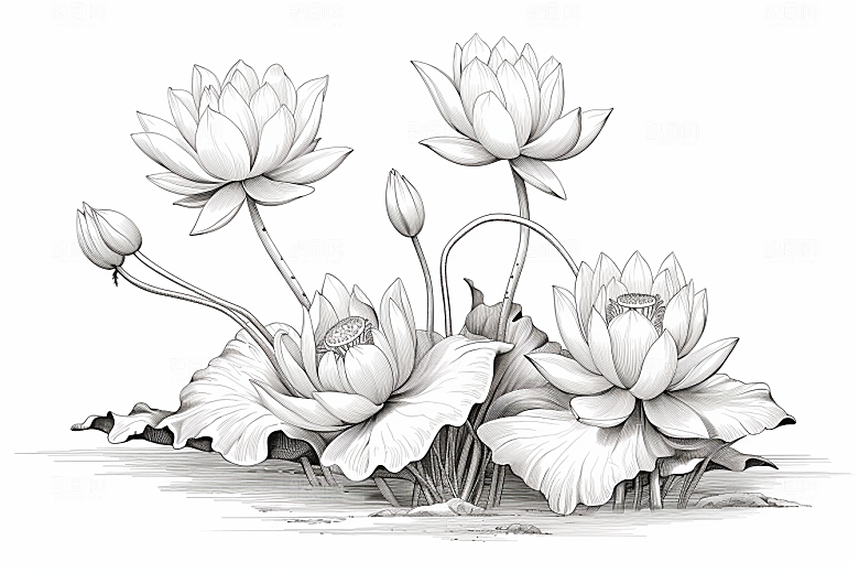 素描荷花池塘写生荷塘插画
