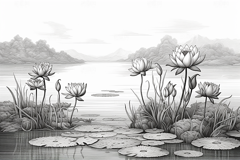 素描荷花池塘写生手绘插画