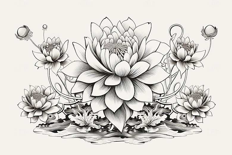 素描荷花池塘写实艺术插画