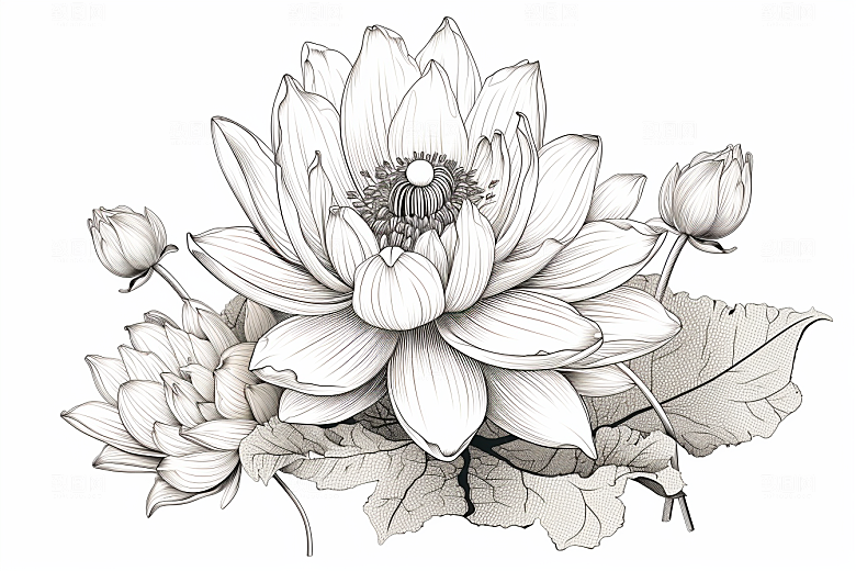 素描荷花池塘写生工笔画插画