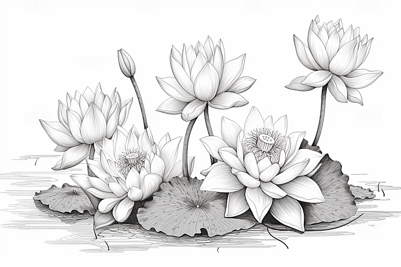 素描荷花池塘手绘锦鲤戏水插画
