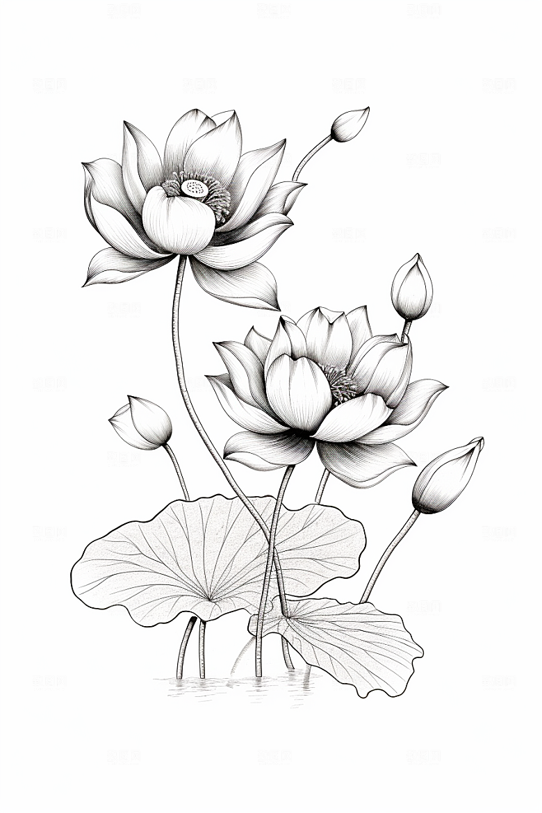 素描荷花池塘工笔画写生插画