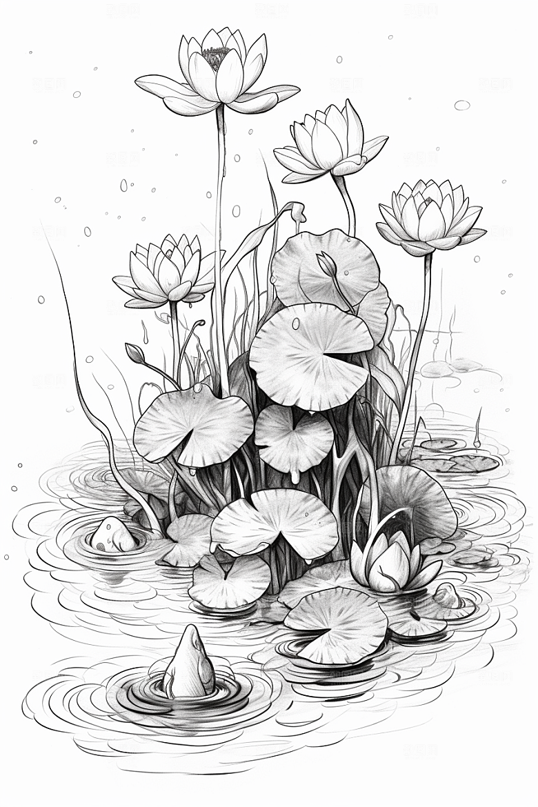 素描荷花池塘艺术写实插画
