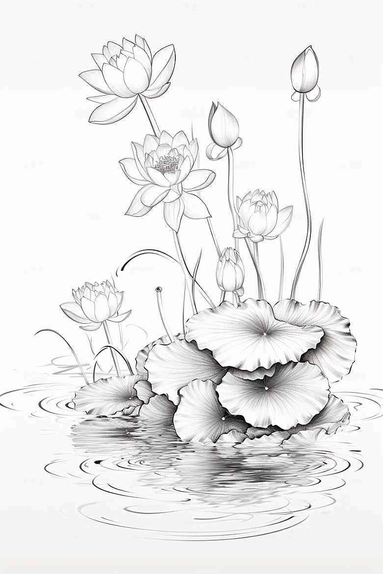 素描荷花池塘荷塘莲花插画
