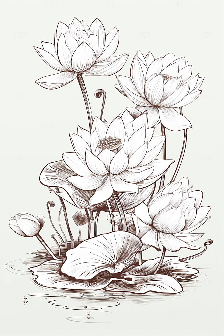 素描荷花池塘工笔画荷塘插画