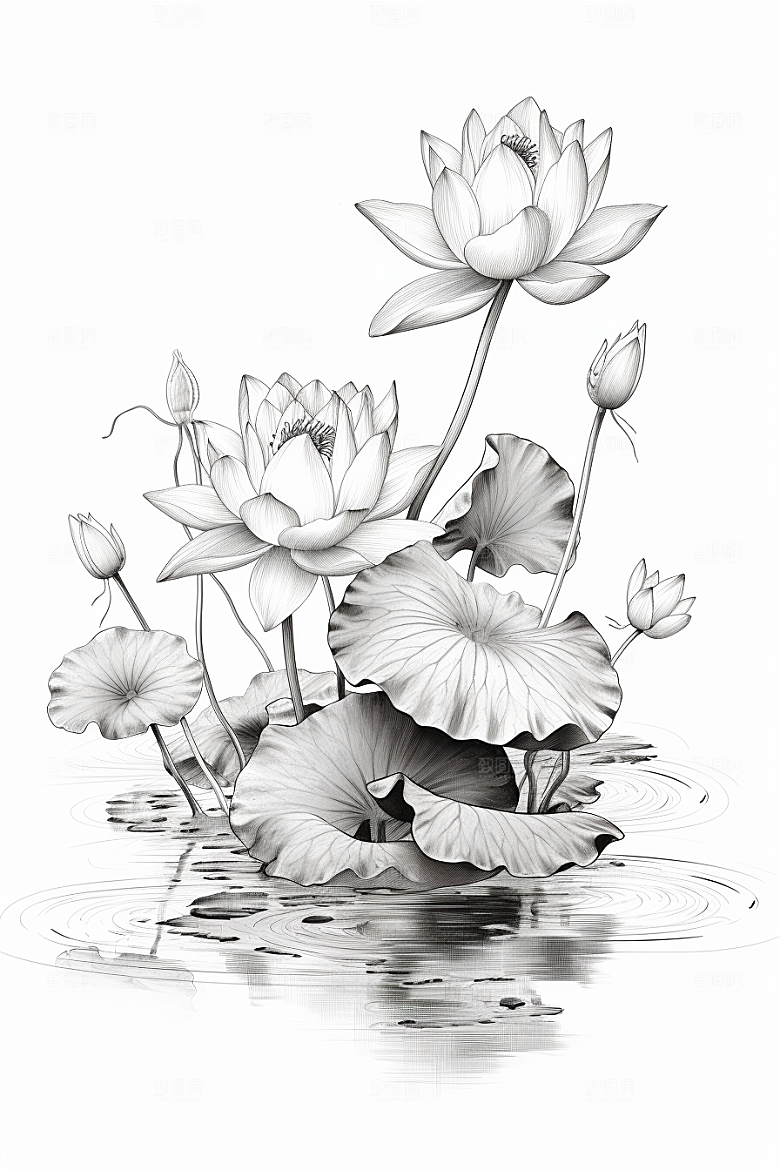 素描荷花池塘莲花锦鲤戏水插画