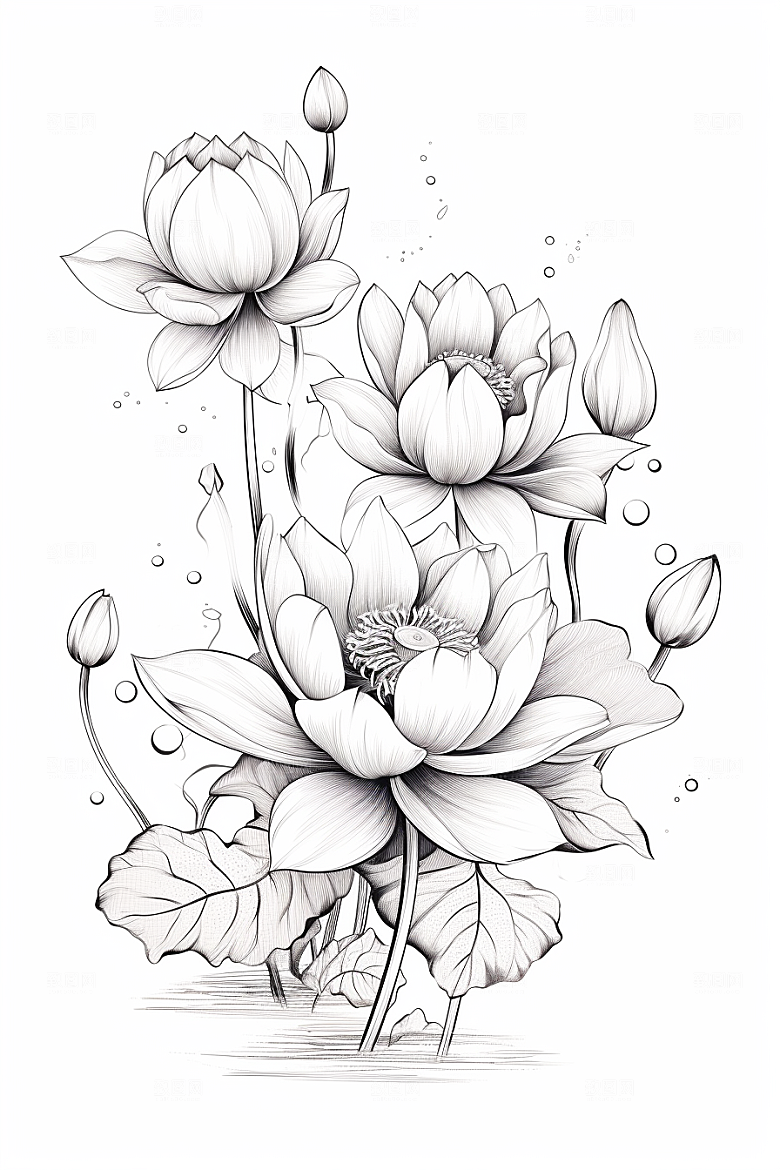 素描荷花池塘荷塘艺术插画