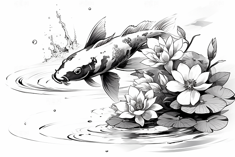 素描荷花池塘写生莲花插画