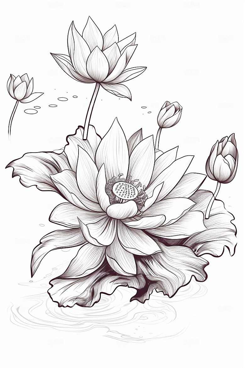 素描荷花池塘锦鲤戏水手绘插画