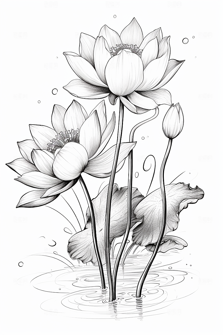 素描荷花池塘写实锦鲤戏水插画