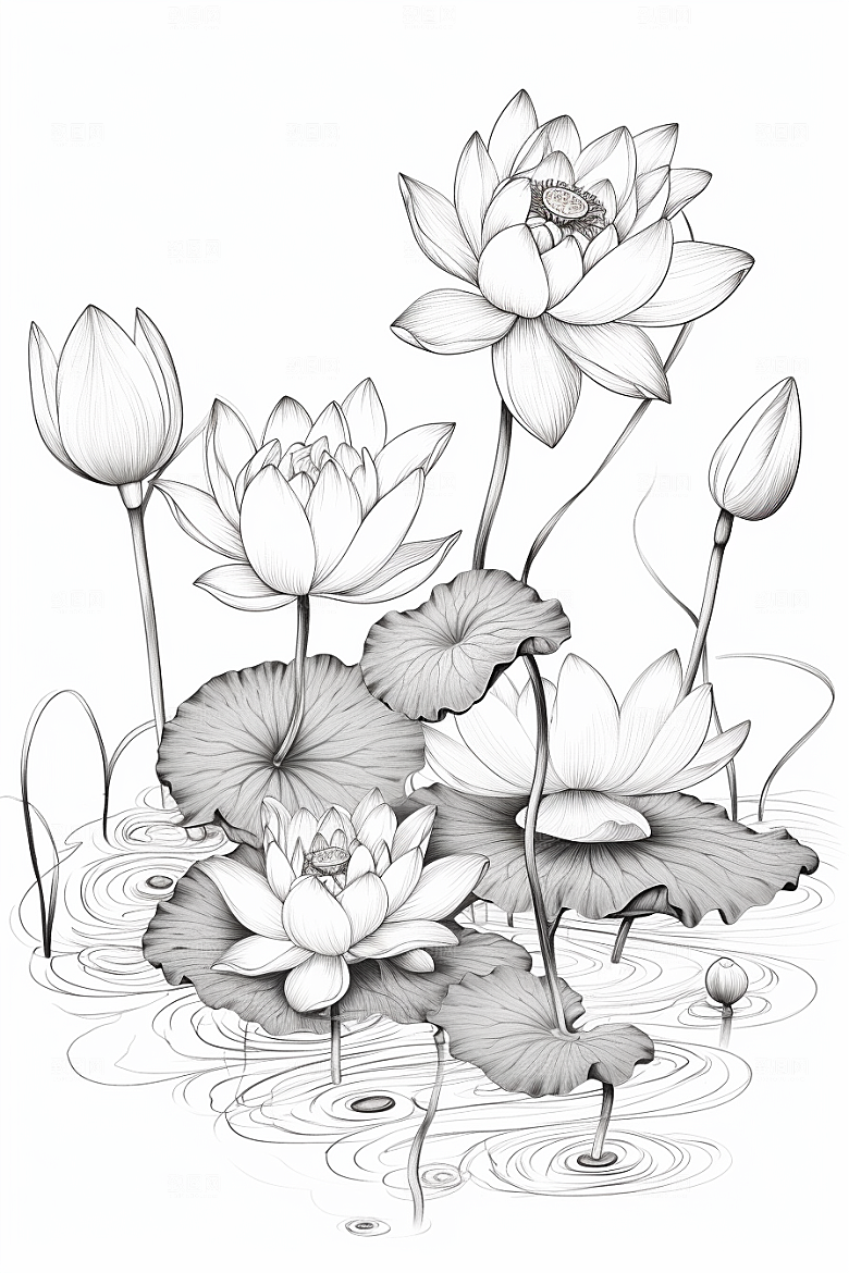 素描荷花池塘艺术莲花插画