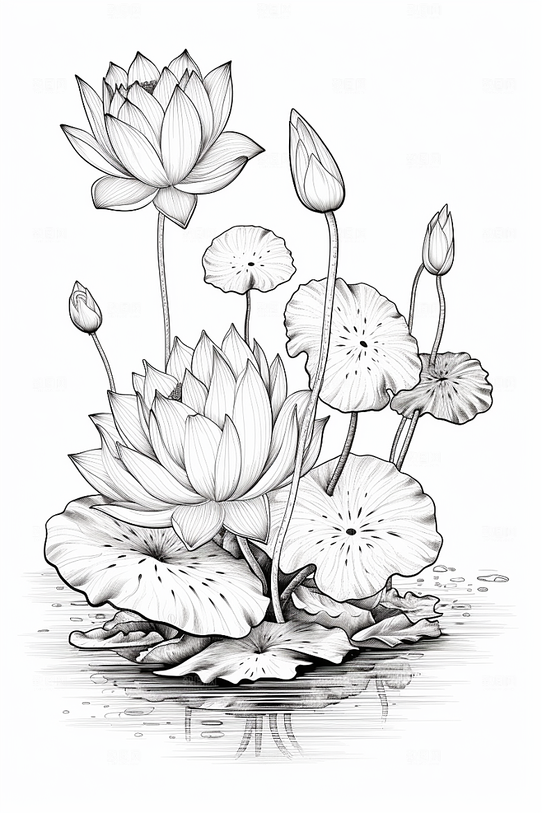 素描荷花池塘写生锦鲤戏水插画