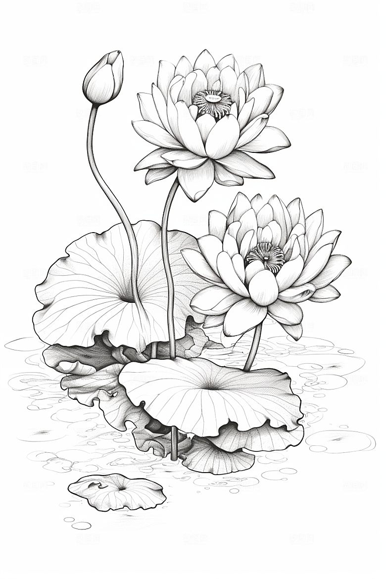 素描荷花池塘莲花写生插画