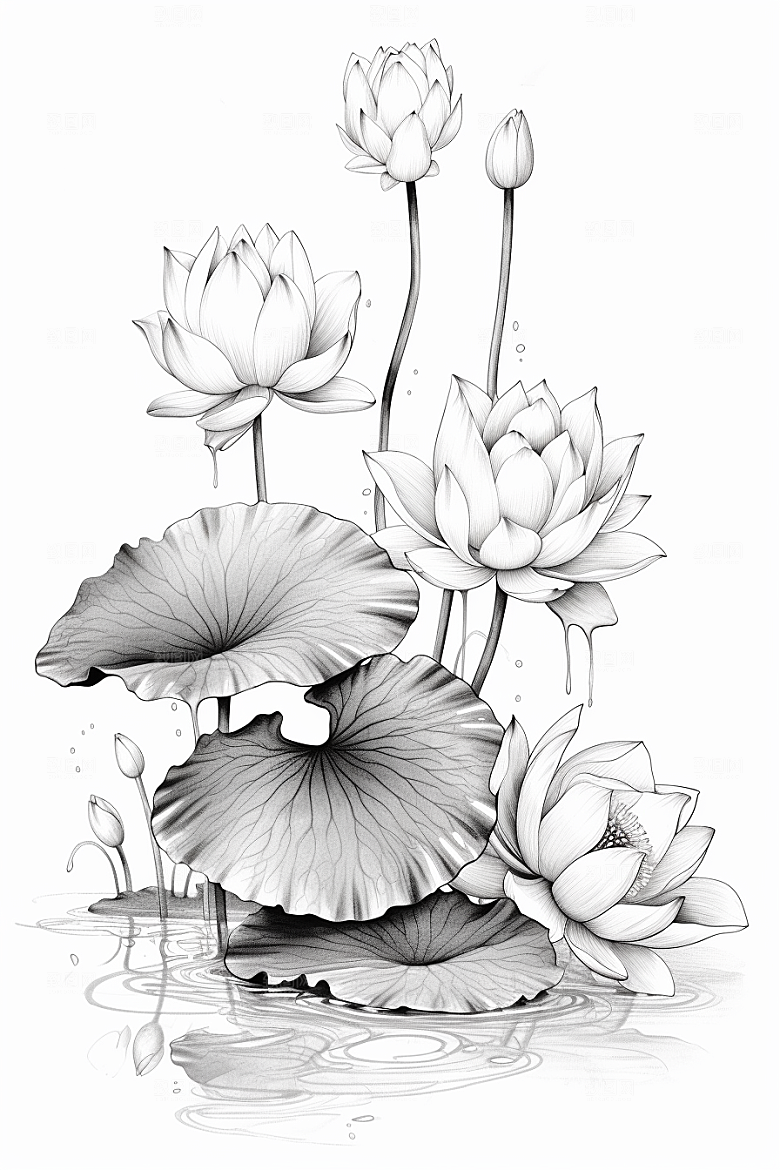 素描荷花池塘手绘艺术插画