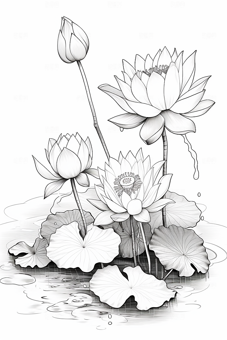 素描荷花池塘锦鲤戏水写实插画