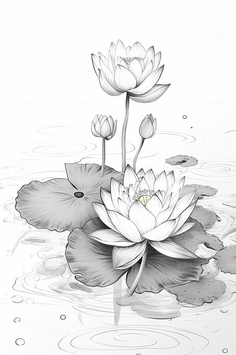 素描荷花池塘荷塘莲花插画