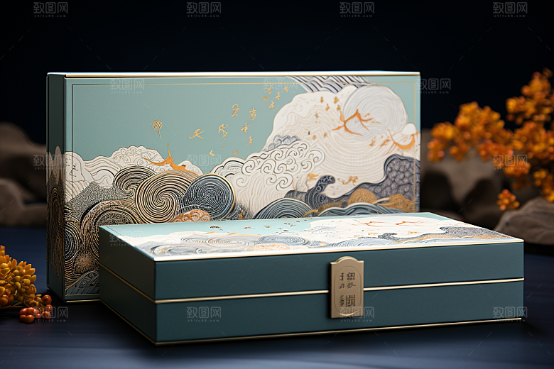 中式礼盒包装盒实物样机