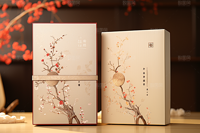 中式礼盒立体包装盒样机