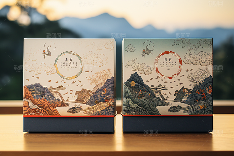 中式礼盒立体包装盒样机