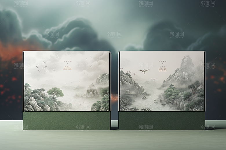 中式礼盒清新包装盒样机