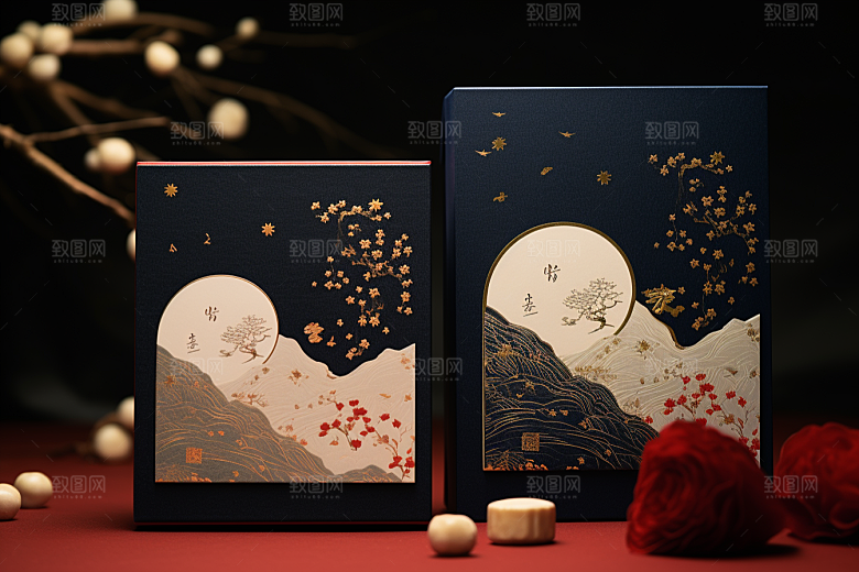 中式礼盒清新包装设计样机