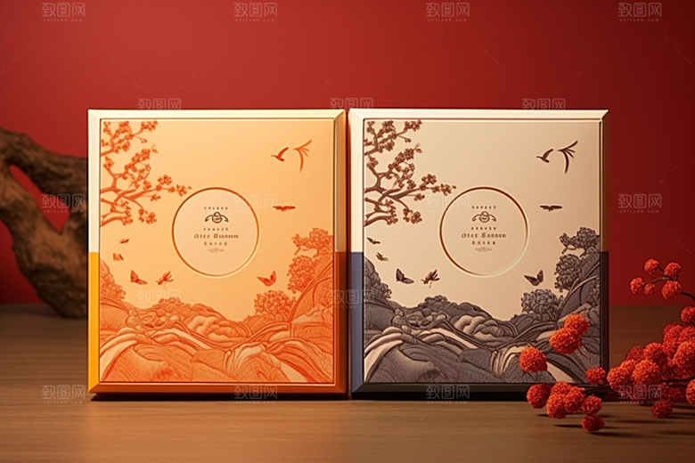中式礼盒清新包装盒样机