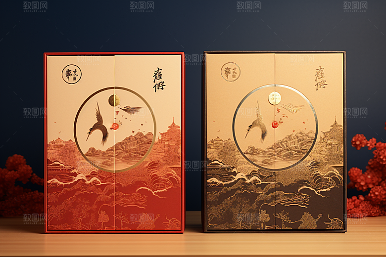 中式礼盒包装盒立体样机