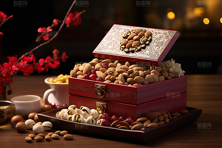 坚果礼盒过年美食摄影图