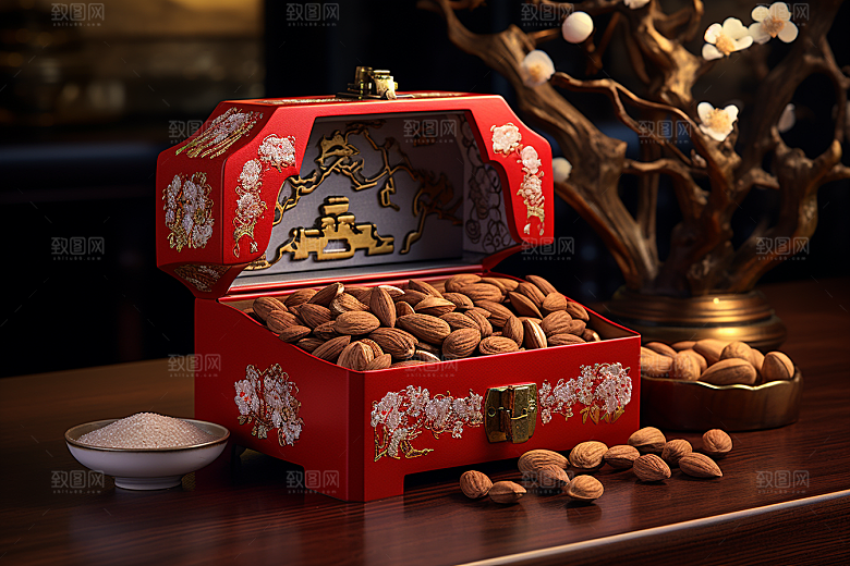 坚果礼盒美味新年摄影图
