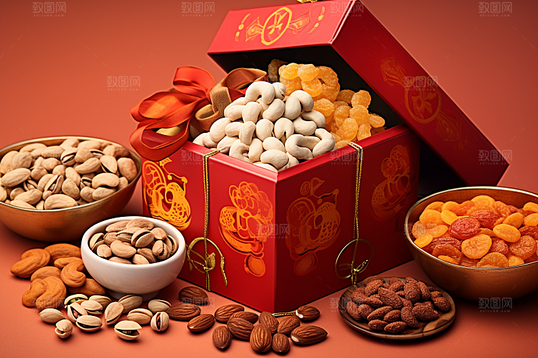 坚果礼盒春节美食摄影图