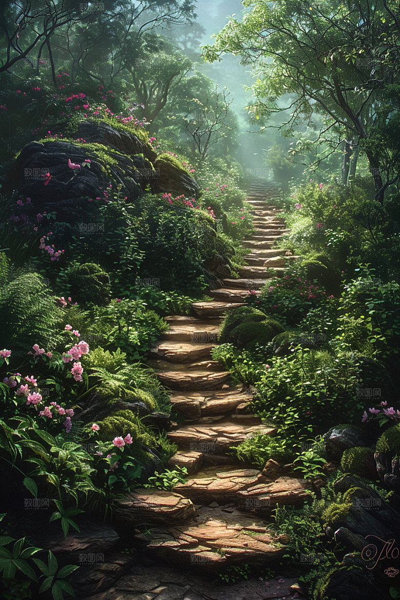 林荫小路植物林间摄影图
